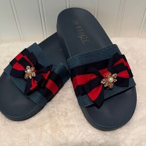 Rouge Navy and Red Slides with Bee Embellishment Size 6